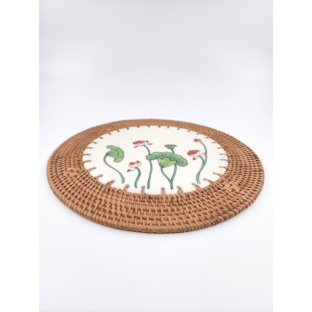 Handcrafted Vietnamese Ceramic & Rattan Trivet Heat Resistant Table Protector